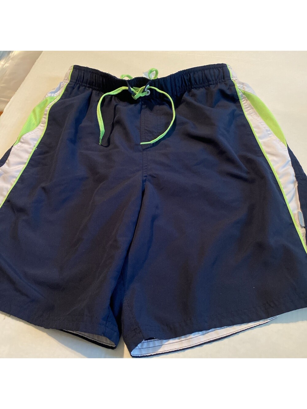 Nike Swim Trunks Men’s LG Navy White Neon Green Lined Drawstring Shorts